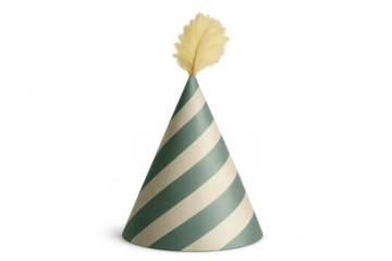Party hat for festive celebration, charming striped conical design with feather for fun birthday party