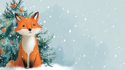 Obraz premium fox against the background of a Christmas tree illustration.