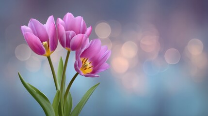 Fototapeta premium Vibrant Pink Tulips on a Soft Blurred Background with Bokeh Effects for Spring or Floral-Themed Decoration and Seasonal Celebrations