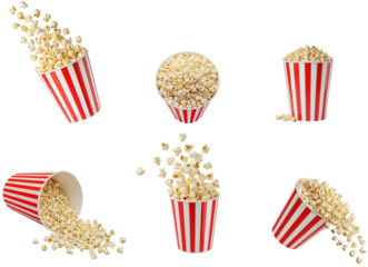 Freeze motion set of popcorn flying in out of red white striped paper cups, spilled scattered air popped corn kernels in various angles. World Cinema Day. Cutout collection, transparent background