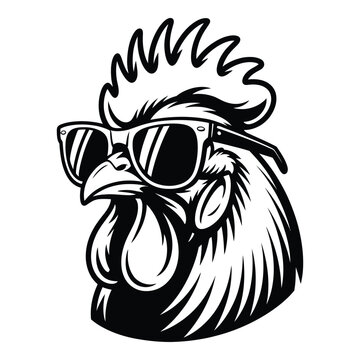 Cool rooster vector illustration wearing sunglasses in black and white style