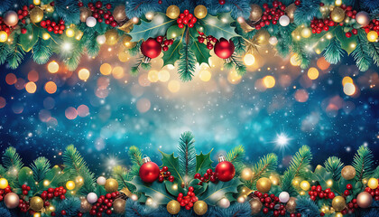 Colorful glowing holiday banner with bokeh Christmas lights.