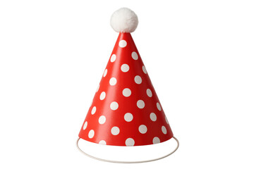 Red party hat with white polka dots and pom-pom, a festive accessory for birthday celebrations and parties