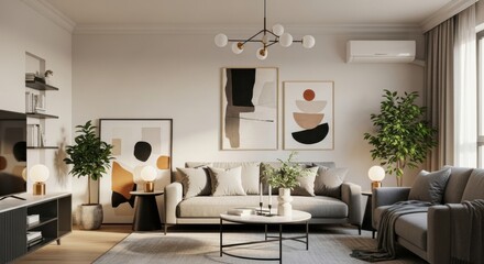 Fototapeta premium Contemporary Living Room with Grey Sofa, Armchair, and Gallery of Abstract Boho Art.