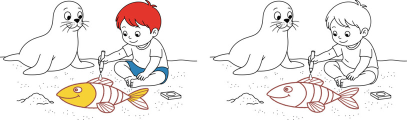 Cute Boy and Seal Drawing Fish in Sand Playful Beach Scene Cartoon for Kids