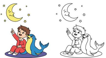  Cute Boy and Seal Watching the Moon and Stars Adorable Nighttime Companionship Illustration