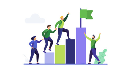 Teamwork and collaboration leading to success and reaching goals on a graph with a flag