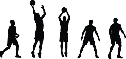 Silhouette of basketball players in different action poses, men playing sports, teamwork, fitness, and athletic training concept © Arman