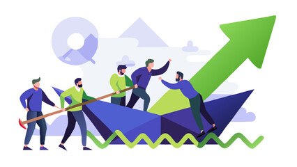 Diverse team of people rowing a paper boat towards a green upward trending arrow symbolizing success and growth
