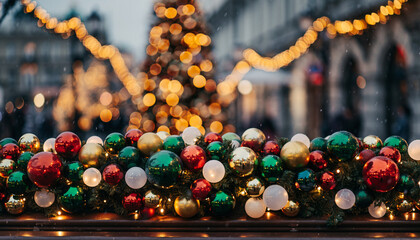 Colorful glowing holiday banner with bokeh Christmas lights.