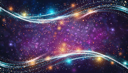 Colorful glowing holiday banner with bokeh Christmas lights.