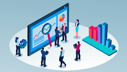 Diverse business team analyzing data charts and graphs on a large screen and bar charts in an isometric office setting