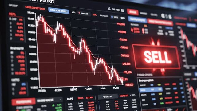 Stock market trading screen displaying downward trend graph with red candlestick chart, prominent sell signal, financial data analysis, and market indicators reflecting market decline and loss - Powered by Adobe