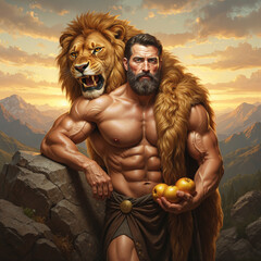 Man with Lion Skin, Holding Apples, Mountain Landscape