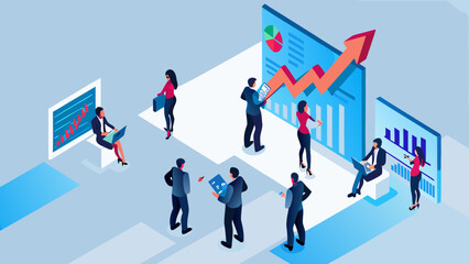 Diverse business professionals collaborating and analyzing financial data charts and graphs in an isometric office setting