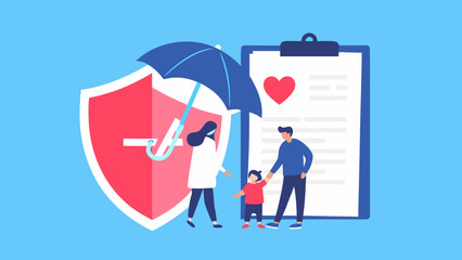 Family protected by shield and umbrella under insurance policy with heart symbol representing health and well being