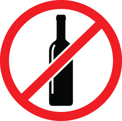Prohibition sign for alcoholic beverages showing a black bottle silhouette inside a red forbidden circle indicating no alcohol allowed or permitted in this area