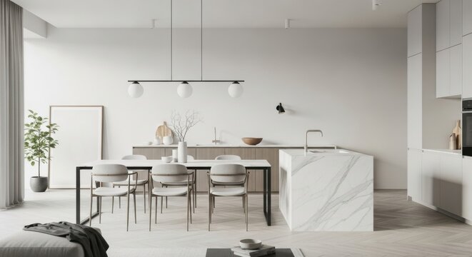 Minimalist Open-Plan Kitchen and Dining Room with White Marble Island and Herringbone Floor.
