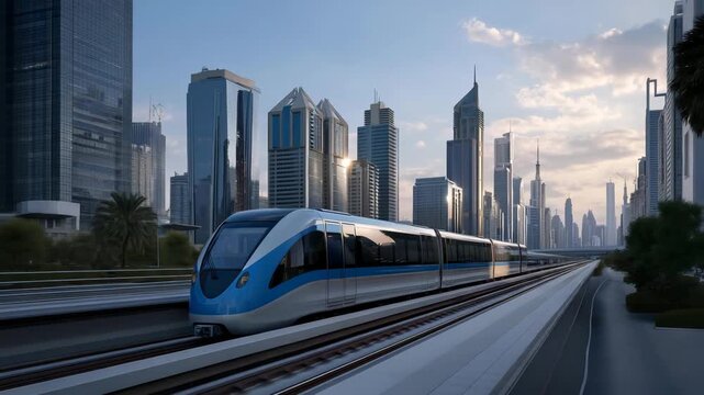 Futuristic levitation train gliding above smart highways and neon architecture, emotion of excitement and progress visible, symbolizing AI-controlled high-speed transport, urban mobility solutions,