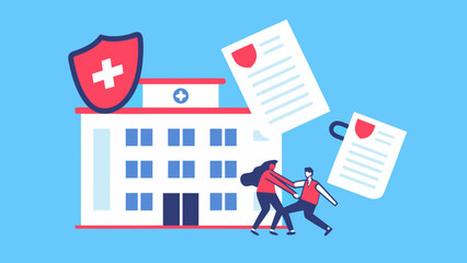 Doctor and patient with hospital building medical shield and insurance documents in a conceptual illustration of healthcare
