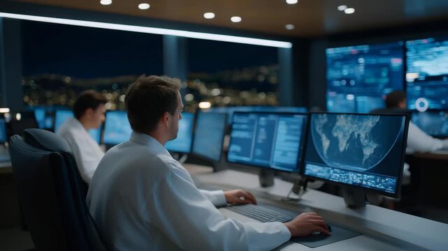 Futuristic mining facility with engineers monitoring automated crypto rigs under AI supervision, emotion of technological mastery visible, representing intelligent cryptocurrency mining,