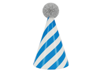 Blue and white striped party hat with pom pom isolated PNG, festive celebration headwear for birthday or New Year s Eve