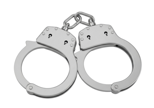 Shiny metal handcuffs isolated PNG, law enforcement restraint device for arrest and security on transparent background