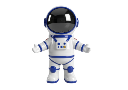 Cute astronaut toy PNG isolated on transparent background, spaceman figurine with blue accents for kids and space exploration themes