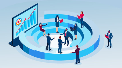Diverse business professionals collaborating around a circular chart and a growth graph on a large screen