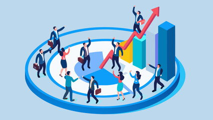 Diverse business team celebrates success and growth with upward trending graph and bar charts in a circular diagram