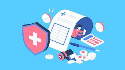 Healthcare insurance and medical expenses concept with shield calculator pills and prescription paper on blue background