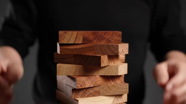 Man placing wooden block atop stacked tower of wooden blocks