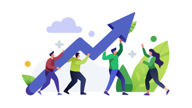 Diverse team of people working together to lift and guide a blue arrow representing growth and success