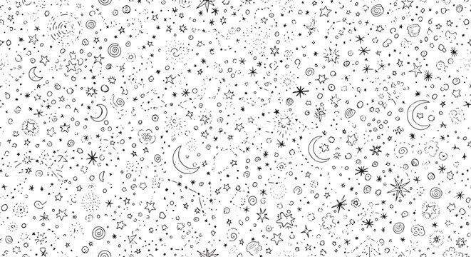 Vactor illustration of hand drawn seamless pattern with stars, moon and planets