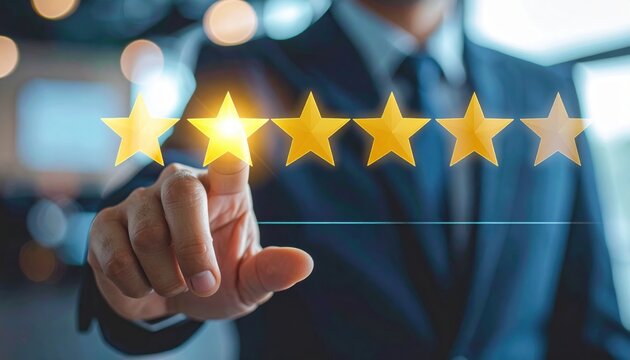 Person pointing at five star rating on screen man s hand gestures towards five stars signifying high evaluation on digital display