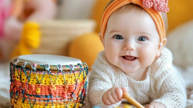 selective focus inquisitive infant exploring sound with toy instruments on soft carpet