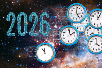 Creative representation of time passing toward the year 2026 with clocks and a cosmic background
