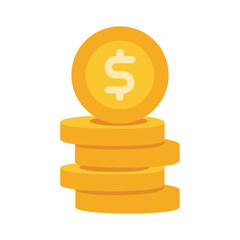 Stack of gold dollar coins isolated on white background, representing wealth and finance