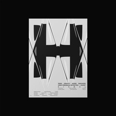 Abstract poster design with letter H and liquid glass distortion and refraction effects. Composition blending typography, reflection, and optical illusion.