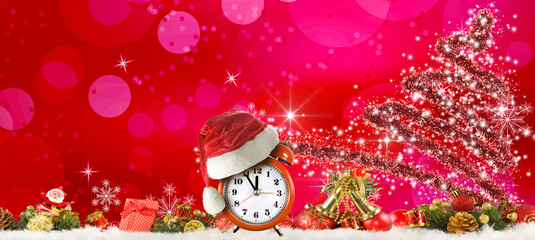 Festive holiday decorations with clock, gifts, and sparkling Christmas tree in vibrant red background