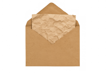 Brown craft paper envelope with crumpled old letter message inside, revealing email communication concept
