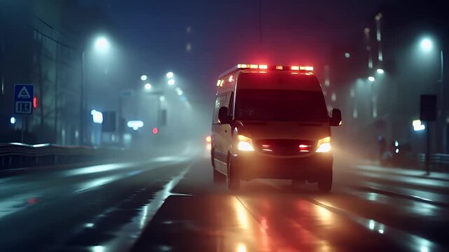 ambulance on city street at night with foggy atmosphereambulant vehicle on wet road during nighttime with city lights in the background.