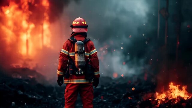 A vivid portrayal of a firefighter in action against a backdrop of a fiery explosion. The firefighter is seen from behind.