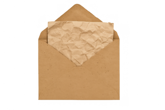 Brown craft paper envelope with crumpled old letter message inside, revealing email communication concept