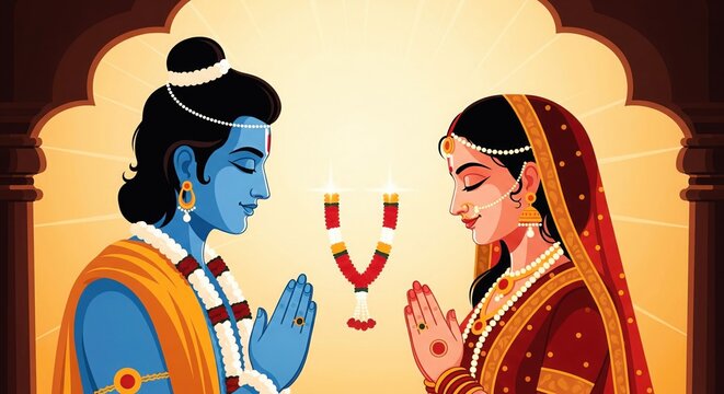 Ram and Sita Vector. Minimal Divine Mandap Illustration.