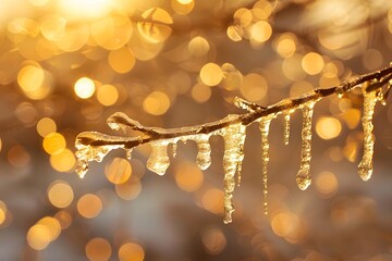 Close-Up of Ice-Covered Branch with Clear Icicles Glowing in Warm Seasonal Backlight