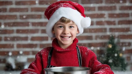 Joyful child in santa hat baking and laughing in christmas kitchen