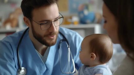 selective focus gently holding infant while explaining procedure to concerned parents