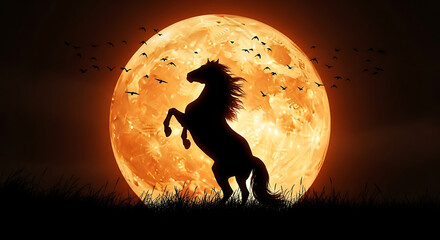 horse jumping in a grassy ground while bird flying and sunset