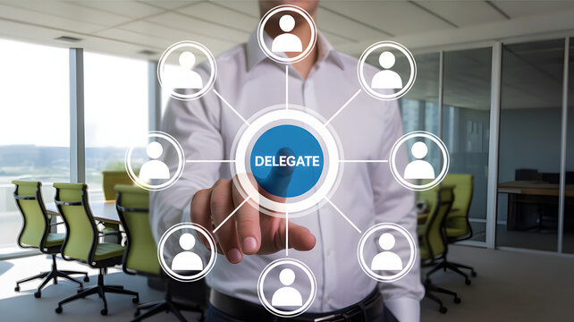 Empowering your team, manager delegates tasks with virtual interface, boosting efficiency and collaboration in the modern office, leadership at its finest